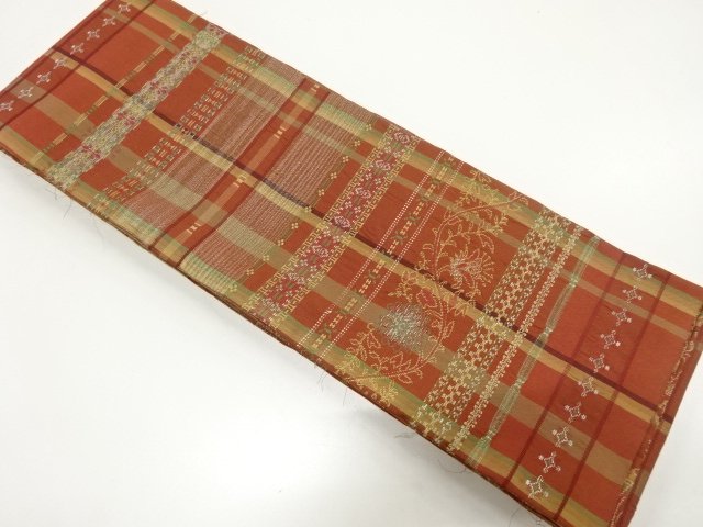JAPANESE KIMONO / ANTIQUE CHECKERED OBI / WOVEN FLORAL ARABESQUE PATTE